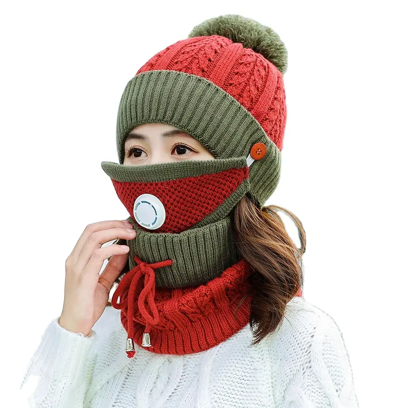 Nieuwe Winter Gebreide Muts Sjaal Set Winddicht Warm Wollen Mondmasker Muts Set Met Ademhalingsklep Fascinator Hoeden Voor Dames