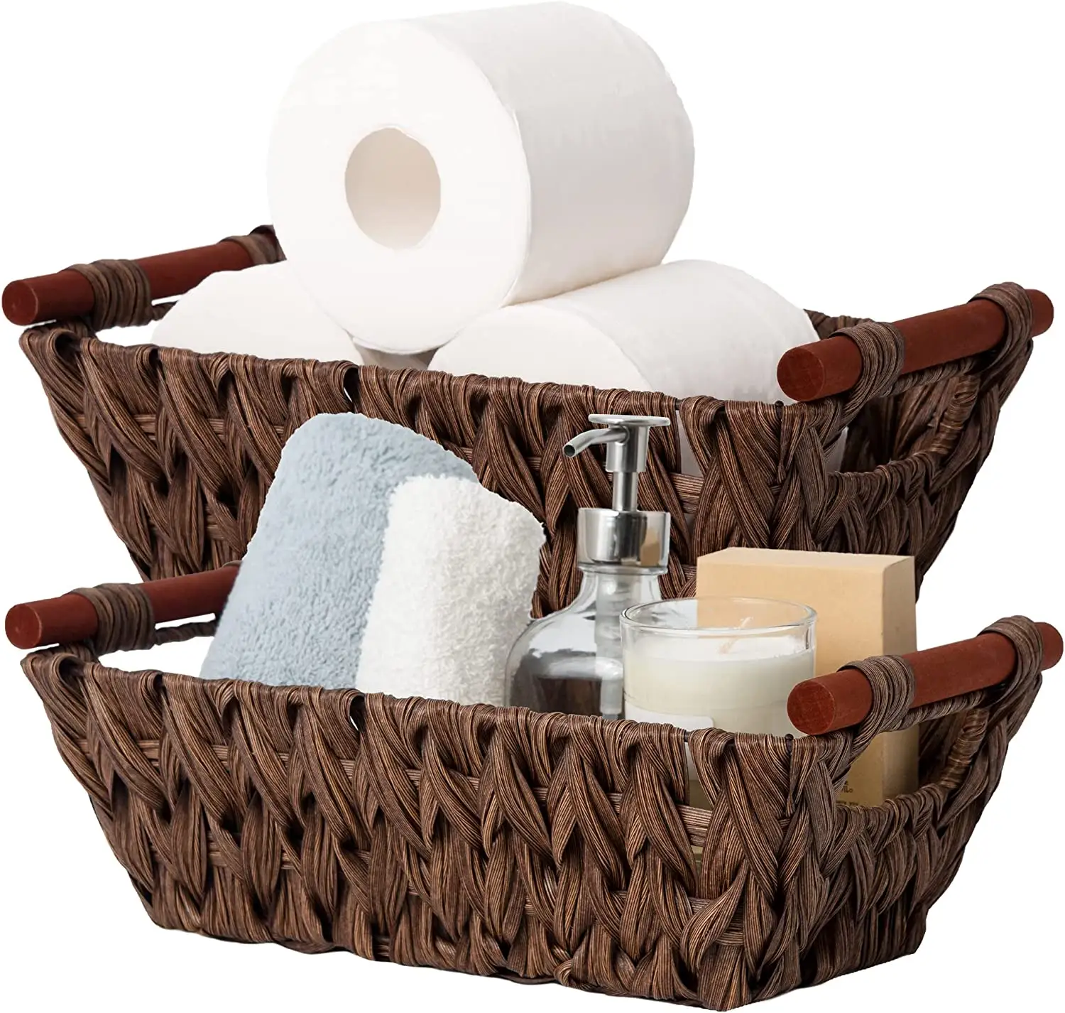Cesta de vime impermeável marrom, cesta com punhos de madeira, presilhas de armazenamento de tecido para cozinha e banheiro