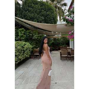 Vestido Largo Beige con Tirantes y Cuello Halter para Mujer, Elegante, para Fiesta, Tirantes Finos, Diseño Sólido, Talla XS, para Primavera/Otoño - Product Image 1