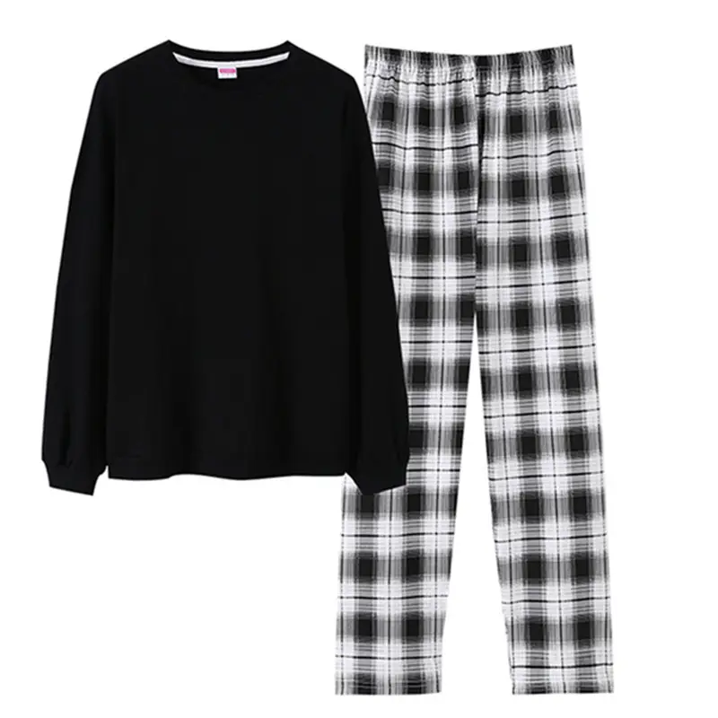 Aoyema 100% coton noir à manches longues Plaid pantalon femmes Casual ample vêtements de nuit Maxi quotidien vêtements de maison pyjamas pour femmes