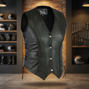 Gilet de moto décontracté en cuir véritable pour homme, respirant, col en V, avec lacets latéraux ajustables et fermeture à boutons recouverts |   Hiver en plein air - Product Image 2