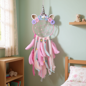 Attrape-rêves licorne en plumes roses, décoration murale pour chambre d'enfant, 20x70cm, style bohème, design circulaire fait à la main - Product Image 2