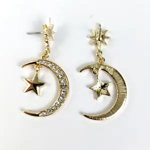 Wholesale gold plated drop star moon diamond dangle earrings stud for women