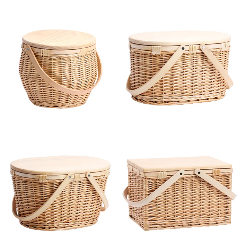 Cesta de mimbre superior de madera para 4 personas, juego de cesta de mimbre con mango de madera y tapa