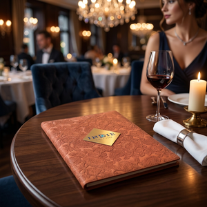 Premium <b>A4</b> PU <b>Leather</b> Durable ISO Certified Customized Embossed Nickel Plated Logo Restaurant & Hotel Menu Covers - Product Image 1
