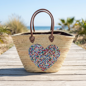Panier en paille fait main avec motif cœur coloré, poignées marron, sac fourre-tout tissé naturel, accessoire de plage pour Halloween et Noël - Product Image 4