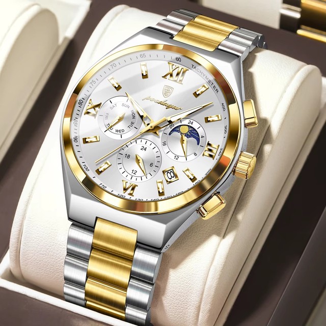 POEDAGAR 688 Fashion Chronograph Stainless Steel Watch Quartz Movement Reloj Montre Men Week Display Luminous Waterproof Watches