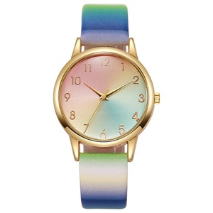 Rainbow Gradient Ladies Quartz Watch Gold <b>Case</b> Leather Strap - Product Image 2