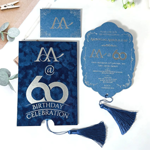 Custom <b>Embossed</b> Birthday Invitation <b>Card</b> Blue Velvet Die Cut Design with Tassel Decor for Wedding - Product Image 1