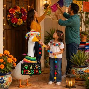 Estatua de Ganso con Traje de Fiesta Mexicana, Sombrero, Serape, Pañuelo, Letrero Colgante, Decoración para Porche, Jardín, Festividades, Adorno, Detalle - Product Image 2