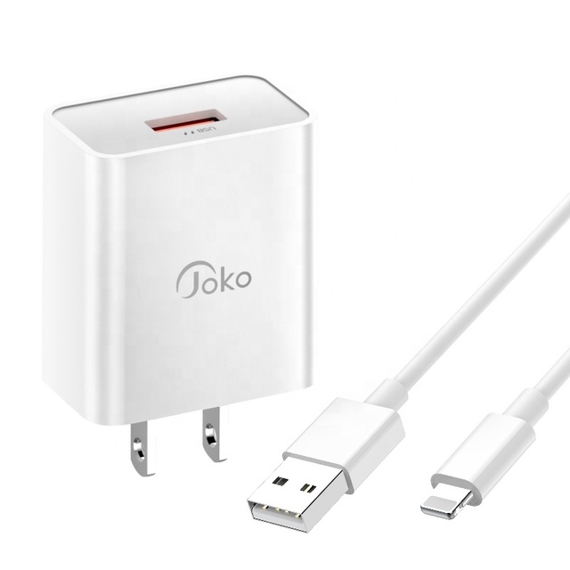 JOKO New Releases Universal Wall Chargers QC3.0 18W Fast Charge Travel Chargers Adapters Single USB Output Port With Cable