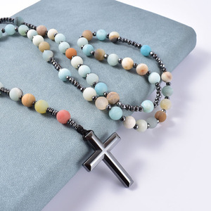 8mm in pietra naturale Amazonite cristiana cristo <span class=keywords><strong>rosario</strong></span> collane con croce di ematite collana pendente per uomini e donne gioielli - Product Image 2