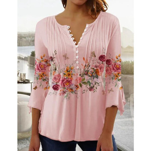 Damesblouse Lichtblauw Wit Roze Bloemenprint met knopen 3/4 mouw Casual Vakantie Basic V-hals Damesblouses - Product Image 3