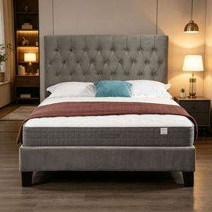 China Factory Grey Tufted Upholstered <b>Bed</b> Frame Wholesale King <b>Size</b> Velvet Platform <b>Bed</b> Fast Shipping - Product Image 1