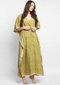 Flora Look Amarillo Beige Bloque de mano Impreso Kaftan Cuello en V Atar Cintura Tejido Ecológico Algodón transpirable - Product Image 3