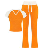 Ensemble deux pièces OEM pour femme : T-shirt à manches longues col en V color block et pantalon évasé, idéal pour l'entraînement et le streetwear personnalisé