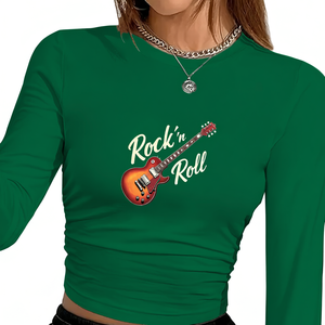 Camiseta de manga larga con cuello redondo para mujer, con estampado de guitarra de rock'n'roll, estilo Y2K, tejida - Product Image 1