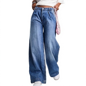 Jean large plissé taille haute pour femme, coupe ample, longueur totale, bleu vintage, décontracté - Product Image 3