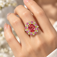 Ovaler Labor-Gezüchteter Padparadscha-Saphir Mehrfarbiger Blumen-Halo Luxus-Jubiläums-Statement-Ring 18K Gold Edelstein Feiner Schmuck