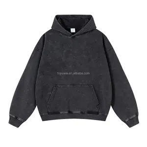 Produsen pakaian dapat disesuaikan pakaian pria kelas berat cuci asam mengurangi Distressed hoodie pria