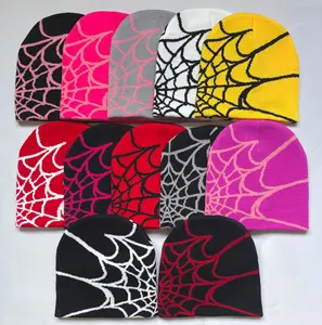 Manufacture Full Custom LOGO Y2K Acrylic Knitted Beanies Hats Spider Silk Satin Line Jacquard Hats Winter Streetwear Beanie