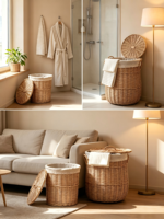 Panier à linge en osier de saule fait main avec doublure amovible, grande capacité, style ferme, pour salle de bain et cuisine