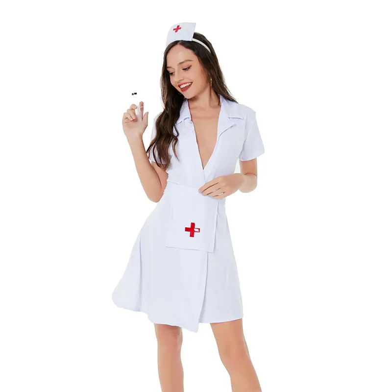 Vestido de Cosplay de Halloween para mujer, traje de enfermera blanco, albornoz, corto, caliente, Cosplay de enfermera