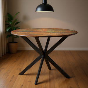 Reclaimed Wood Dining <b>Table</b> Round <b>Brown</b> Powder Coated Steel Frame Rustic Design Home Furniture - Product Image 2