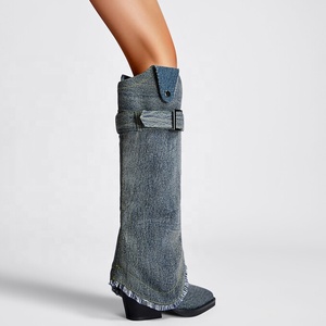 Talla grande 46 <span class=keywords><strong>Cow</strong></span> <span class=keywords><strong>Boy</strong></span> estilos occidentales mujeres Denim <span class=keywords><strong>botas</strong></span> hasta la rodilla cuña tacones gruesos superposición botines hebillas pantalones zapatos - Product Image 2