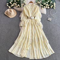 Robe décontractée élégante pour femme, col montant ajouré, manches longues, coupe trapèze, 100 % coton, avec ceinture, pour le quotidien