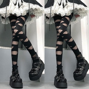 Lolita Style Thigh High Stockings Women Thin Transparent Black White Striped Pantyhose Punk Fashion Summer Wear - Product Image 2