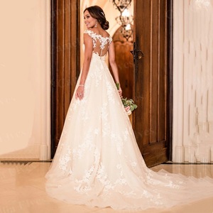White A-Line Lace Wedding Dress V-Neck Natural Waist Floral Print Polyester Fiber For Petite Brides - Product Image 3