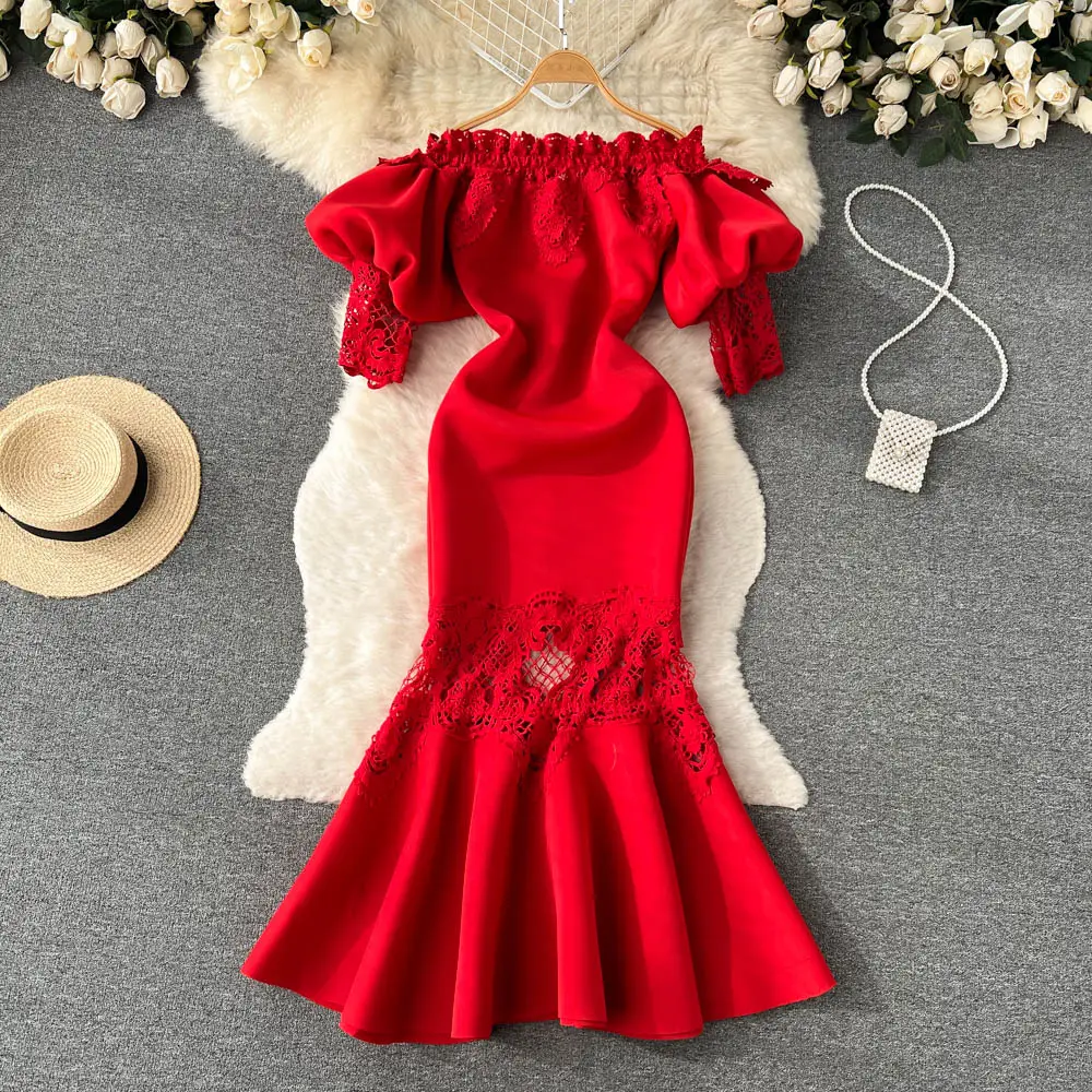 Vintage one shoulder lace dress for women with high sense bubble sleeve fishtail dress dress with wrap buttocks