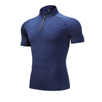 T-shirt de sport uni à manches courtes pour hommes européens et américains, col montant demi-zippé, séchage rapide, extensible, pour le fitness