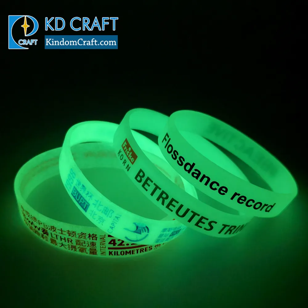 Wholesale No Minimum Bulk Cheap Logo Printing Luminous Glowing Rubber Bracelet Silicone Glow Wristband Custom