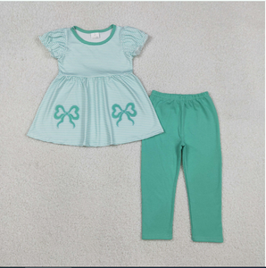 ชุดเสื้อผ้าเด็กผู้หญิง GSPO2151 เสื้อทูนิคปักลายโบว์ กางเกงสีเขียว - Product Image 5