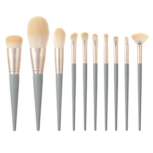 Custom Private Label 10Pcs Synthetic Hair Wood Handle Blue Brush Kit Foundation Cosmetics Powder Face Makeup Brush Set With Bag