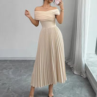 Robe longue beige pour femme, épaules dénudées, corsage froncé, taille haute, plissée, élégante, décontractée, lavable