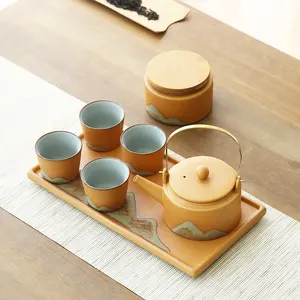 กาน้ำชาเซรามิกพร้อมถาดชาแคดดี้และสี่ถ้วย