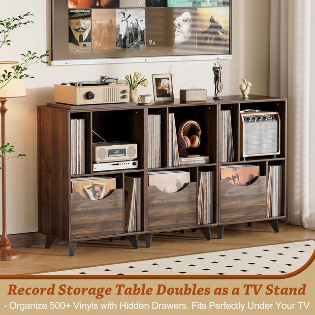 Record Player Stand with Vinyl Storage Drawer - Wooden Turntable Side Table Suitable for All Record Players and Speakers