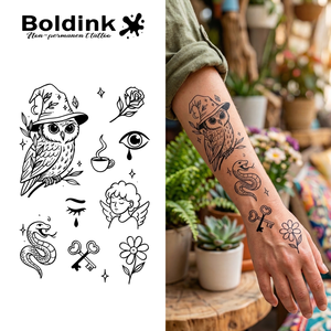Autocollant <span class=keywords><strong>de</strong></span> tatouage semi-permanent Boldink personnalisé réaliste, motif hibou et serpent, résistant à l'eau, longue durée (2 semaines), <span class=keywords><strong>encre</strong></span> <span class=keywords><strong>Jagua</strong></span> - Product Image 1
