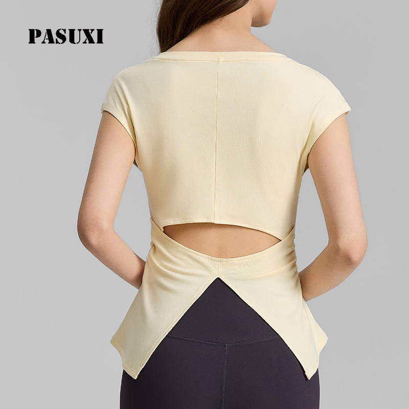 PASUXI V-Neck Ruched Yoga T-Shirt Breathable Four-Way Stretch Short Loose Fit Women Gym Tops Quick Dry Custom Activewear