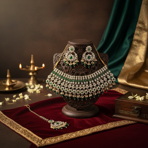 Ethnic High Quality Gold-Plated Pearl Kundan Bridal Choker Necklace <b>Set</b> Earrings Tikka Green Enamel Zircon <b>Beads</b> Third Fashion - Product Image 3