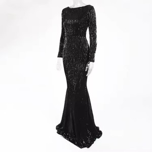 Robe de soirée personnalisée pour femmes Décoration à paillettes Robes à col en O Manches longues Longueur au sol Robes longues pour femmes - Product Image 4