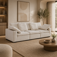 Canapé en forme de L moderne en tissu texturé crème, écologique, avec sièges larges, coussin rembourré en éponge, pour appartement et hôtel