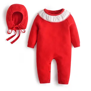 สเวตเตอร์วันพีซสำหรับเด็กเล็ก,ชุดหมีสีแดงผ้าถักนิตติ้งพร้อมหมวกผ้าห่มเด็กทารกชุดถักผ้าฝ้ายจั๊มสูทมีสินค้าในสต็อก