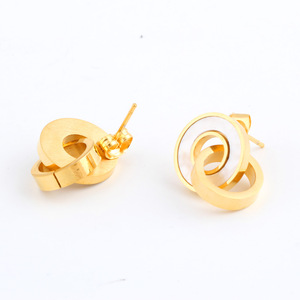 Ensemble collier et boucles d'oreilles en acier inoxydable plaqué or 18 carats avec pendentif double anneau en forme de coquille pour femme, bijoux géométriques ronds tendance - Product Image 3