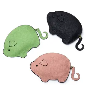 USENGKA Cute Mini Pig Coin Purse Wallet Zipper Cartoon Coin Bag Soft Cowhide Leather Card Holder Wallet with Keychains