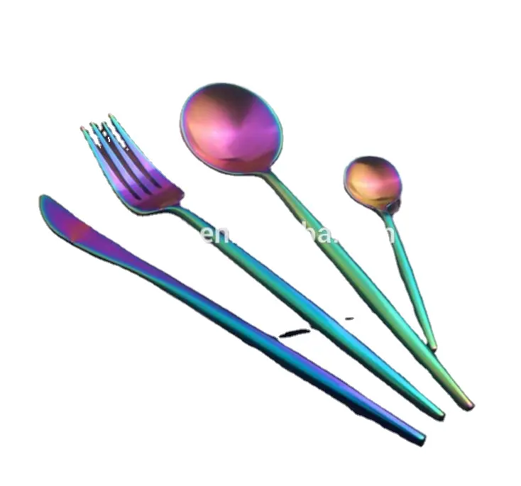 Wholesale Knife Spoon Fork Set Luxury Blue Green Purple Colors Steel Rainbow Cutlery Set