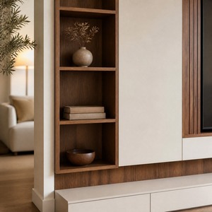 Mobile TV in Legno di Noce, <span class=keywords><strong>Moderno</strong></span> e Minimalista, con Ante a Doghe Senza Maniglie, Console Multimediale con Cassetti, Unità TV da <span class=keywords><strong>Parete</strong></span> per <span class=keywords><strong>Soggiorno</strong></span> - Product Image 2